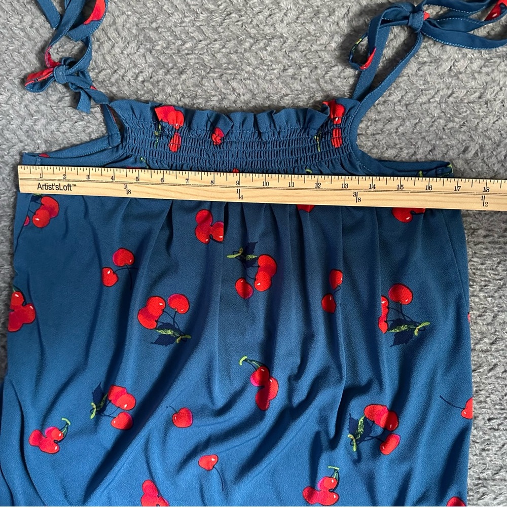 Modcloth Blue Smocked Cherry Print Tank Top with Tie Front Size XL - Picture 3 of 10